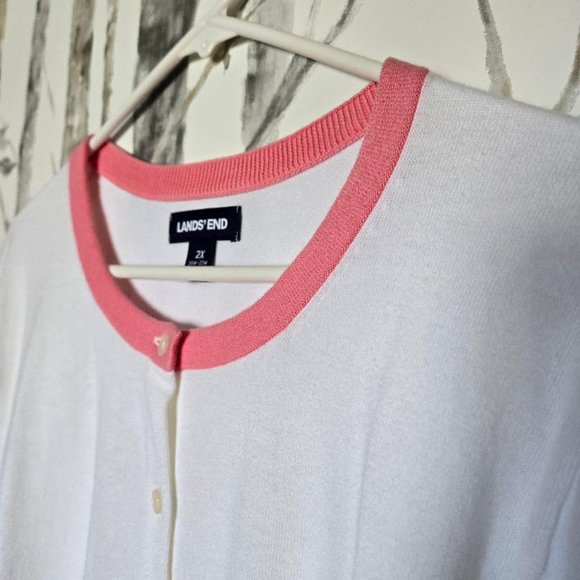 Land's End Fine Gauge Cotton Cardigan White W/Pink,Yellow,Blue Detail 2X - Picture 4 of 7